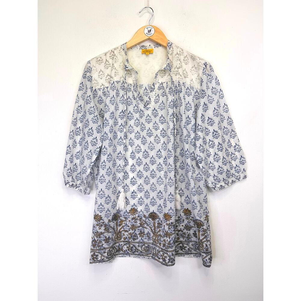Roberta Roller Rabbit Tunic Top Womens L Cotton White Blue Tassels Resort Shirt